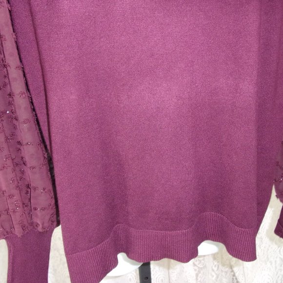 Femme Fatale Knit Sweater Dressy Chiffon Bling Sleeve Wine NWT Size Large - Picture 5 of 6